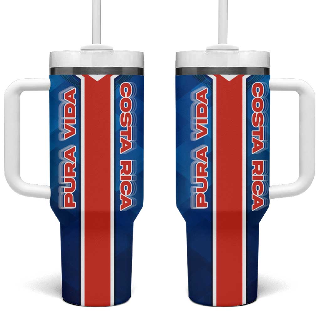 Costa Rica Pura Vida Tumbler With Handle Blue Geometric with Red Stripe and National Flag Detail - Wonder Print Shop