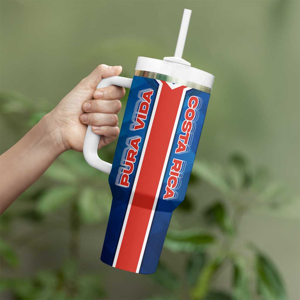 Costa Rica Pura Vida Tumbler With Handle Blue Geometric with Red Stripe and National Flag Detail - Wonder Print Shop