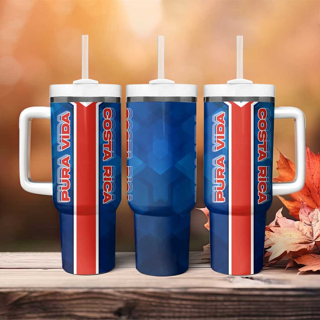 Costa Rica Pura Vida Tumbler With Handle Blue Geometric with Red Stripe and National Flag Detail - Wonder Print Shop