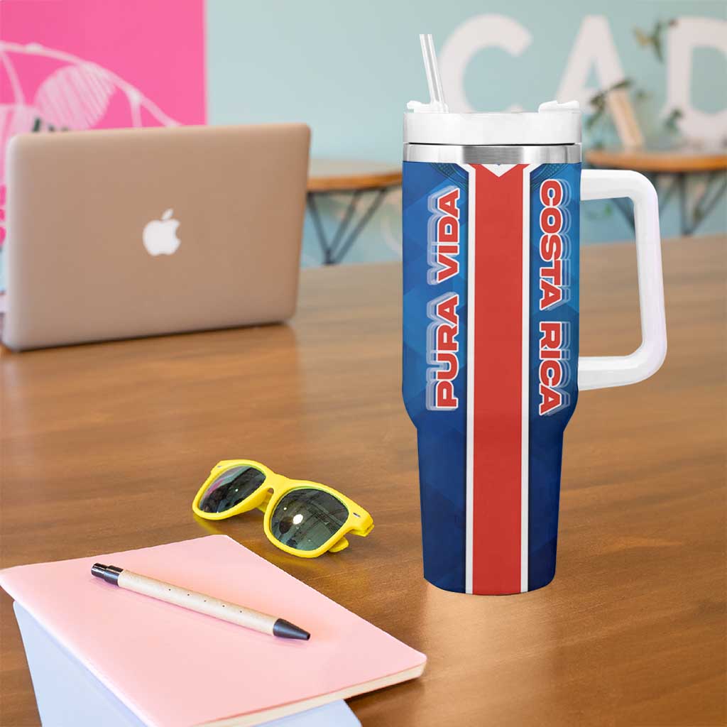 Costa Rica Pura Vida Tumbler With Handle Blue Geometric with Red Stripe and National Flag Detail - Wonder Print Shop