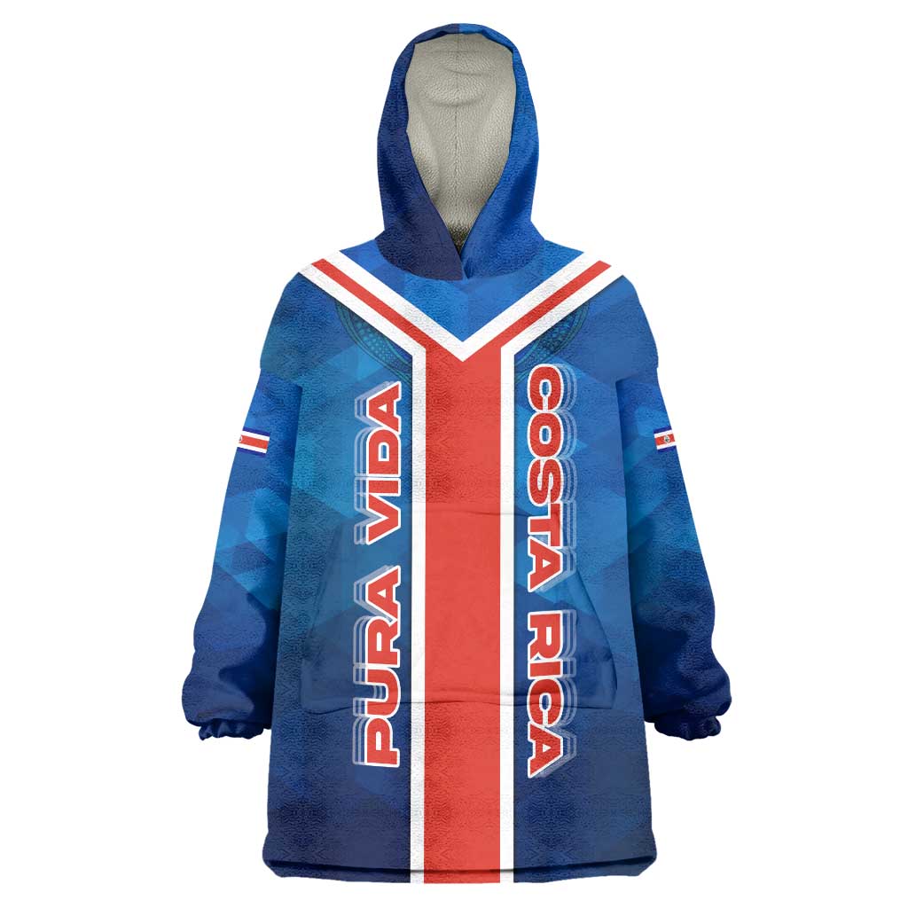Costa Rica Pura Vida Wearable Blanket Hoodie Blue Geometric with Red Stripe and National Flag Detail - Wonder Print Shop