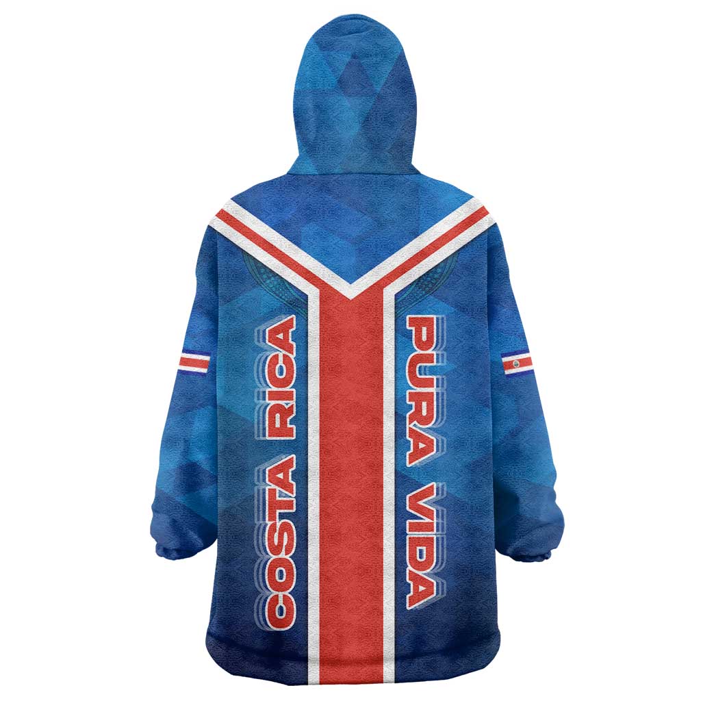 Costa Rica Pura Vida Wearable Blanket Hoodie Blue Geometric with Red Stripe and National Flag Detail - Wonder Print Shop