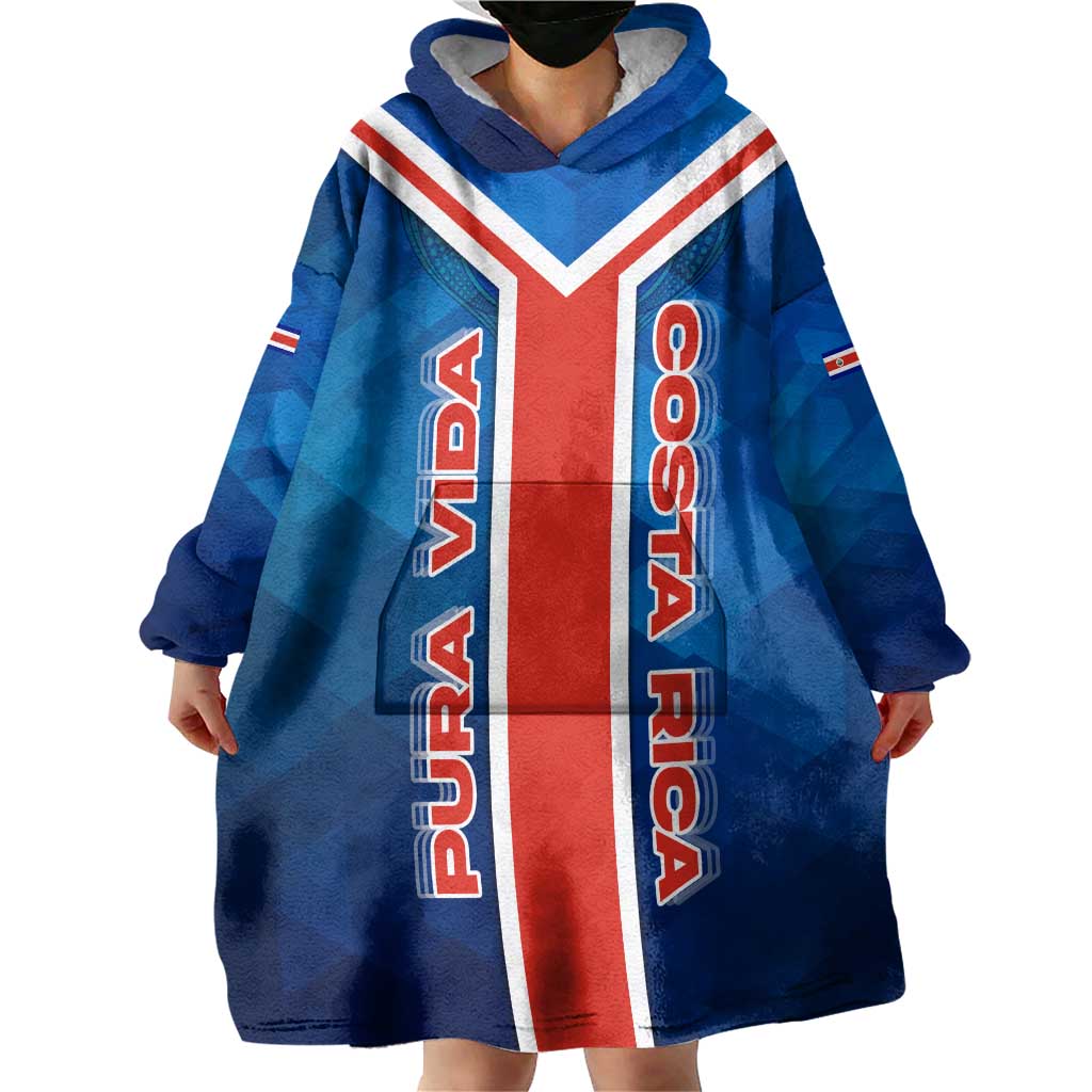 Costa Rica Pura Vida Wearable Blanket Hoodie Blue Geometric with Red Stripe and National Flag Detail - Wonder Print Shop
