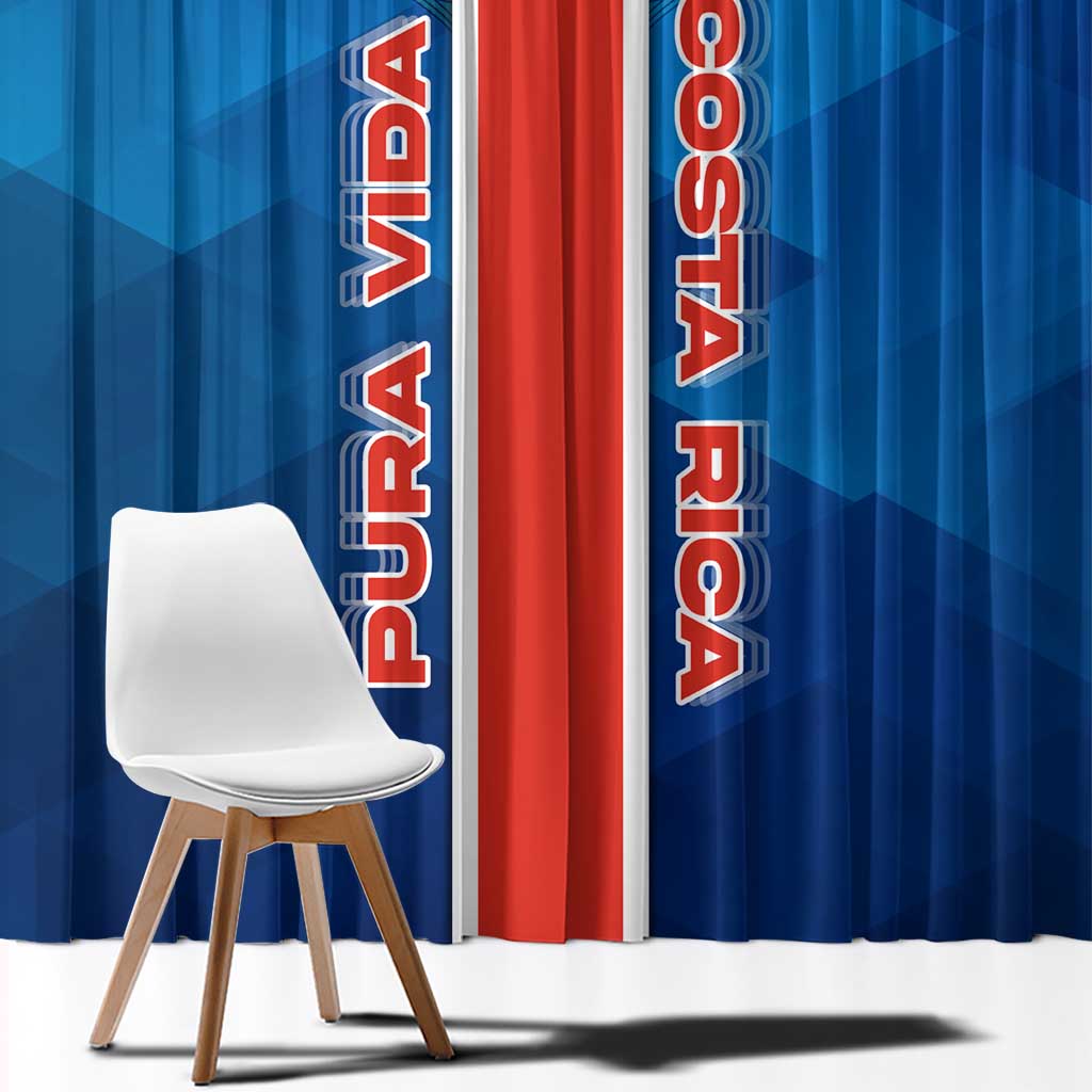 Costa Rica Pura Vida Window Curtain Blue Geometric with Red Stripe and National Flag Detail - Wonder Print Shop