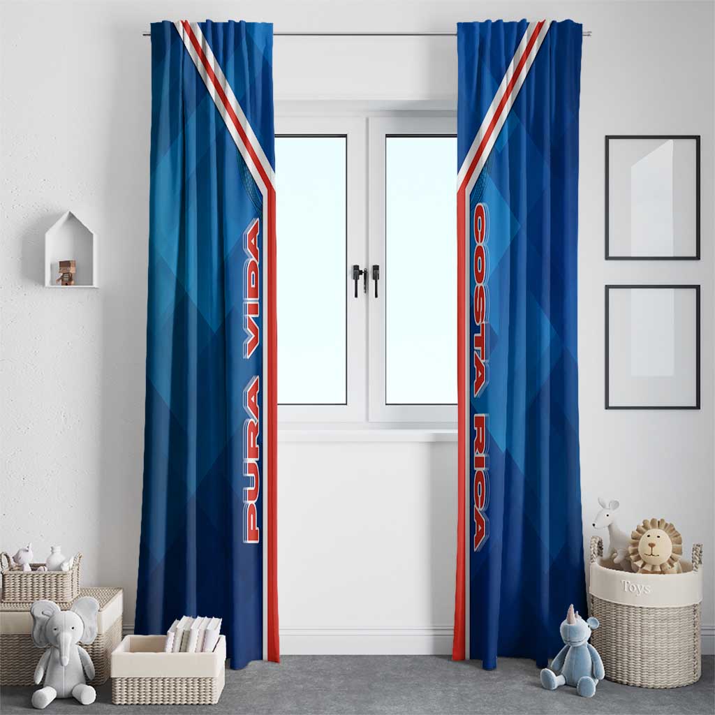 Costa Rica Pura Vida Window Curtain Blue Geometric with Red Stripe and National Flag Detail - Wonder Print Shop