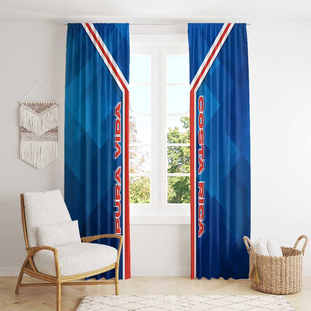 Costa Rica Pura Vida Window Curtain Blue Geometric with Red Stripe and National Flag Detail - Wonder Print Shop