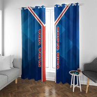 Costa Rica Pura Vida Window Curtain Blue Geometric with Red Stripe and National Flag Detail - Wonder Print Shop