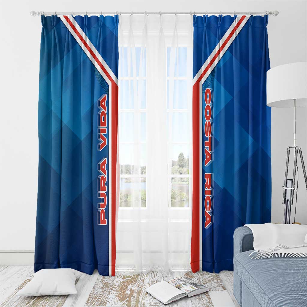 Costa Rica Pura Vida Window Curtain Blue Geometric with Red Stripe and National Flag Detail - Wonder Print Shop