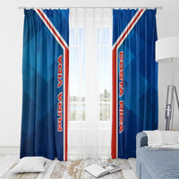Costa Rica Pura Vida Window Curtain Blue Geometric with Red Stripe and National Flag Detail - Wonder Print Shop