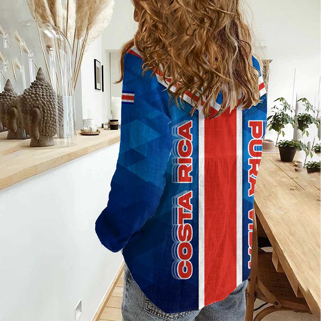 Costa Rica Pura Vida Women Casual Shirt Blue Geometric with Red Stripe and National Flag Detail - Wonder Print Shop