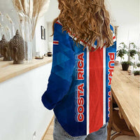 Costa Rica Pura Vida Women Casual Shirt Blue Geometric with Red Stripe and National Flag Detail - Wonder Print Shop