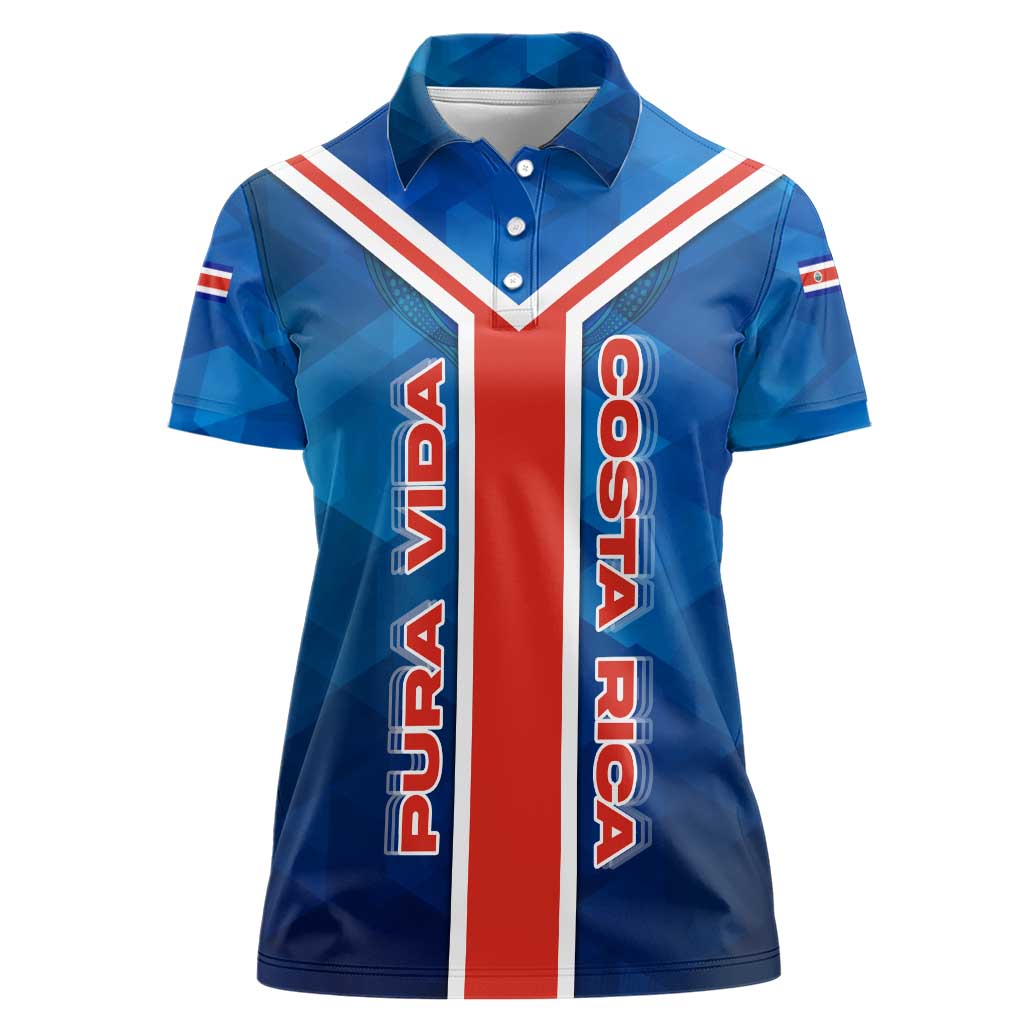 Costa Rica Pura Vida Women Polo Shirt Blue Geometric with Red Stripe and National Flag Detail - Wonder Print Shop