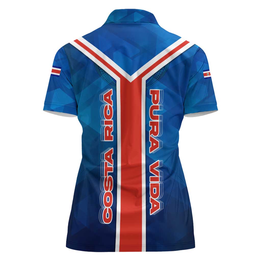 Costa Rica Pura Vida Women Polo Shirt Blue Geometric with Red Stripe and National Flag Detail - Wonder Print Shop
