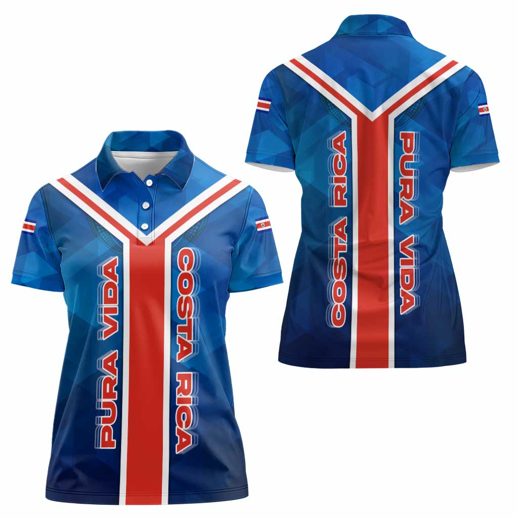 Costa Rica Pura Vida Women Polo Shirt Blue Geometric with Red Stripe and National Flag Detail - Wonder Print Shop