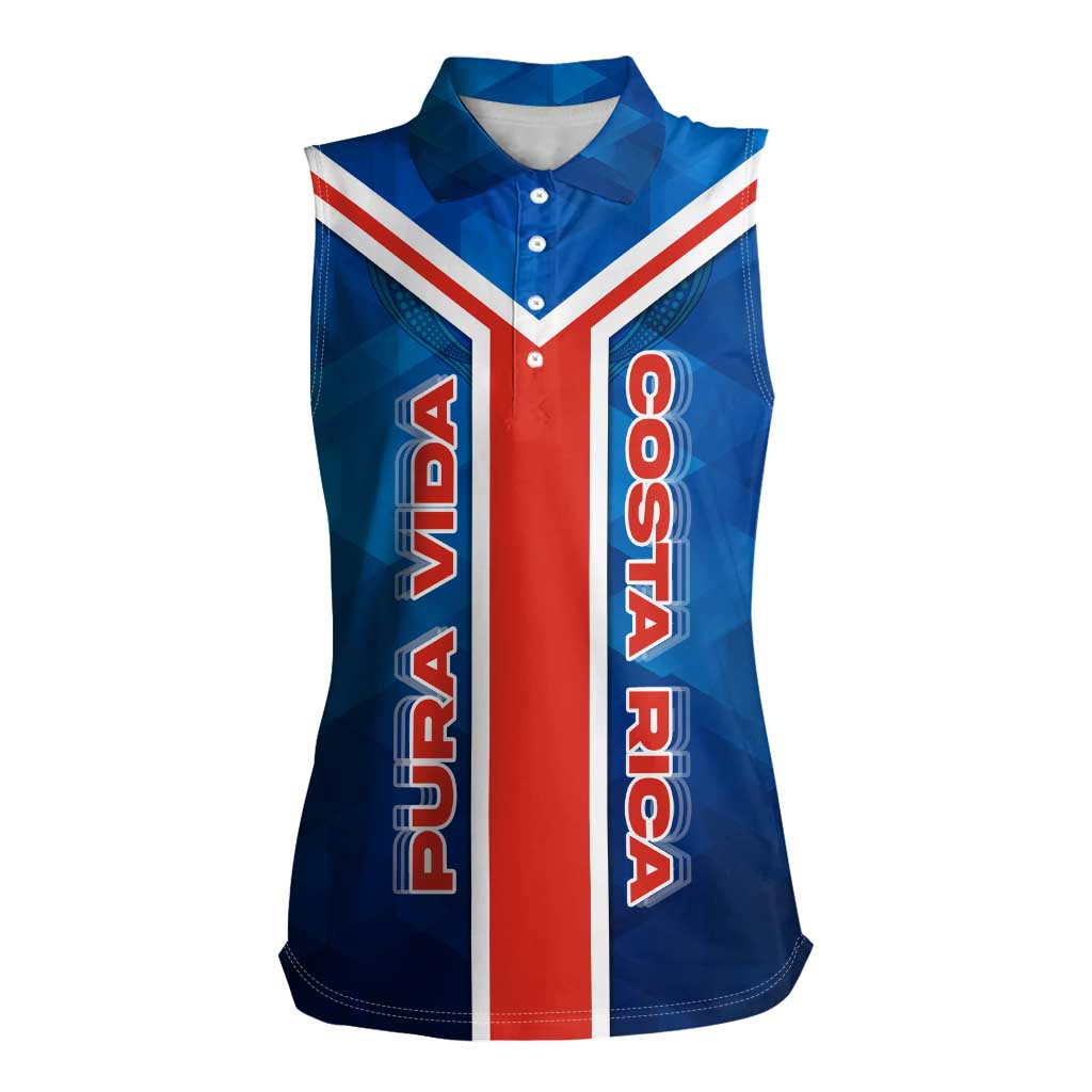 Costa Rica Pura Vida Women Sleeveless Polo Shirt Blue Geometric with Red Stripe and National Flag Detail - Wonder Print Shop
