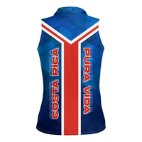 Costa Rica Pura Vida Women Sleeveless Polo Shirt Blue Geometric with Red Stripe and National Flag Detail - Wonder Print Shop