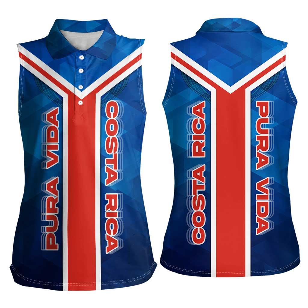 Costa Rica Pura Vida Women Sleeveless Polo Shirt Blue Geometric with Red Stripe and National Flag Detail - Wonder Print Shop