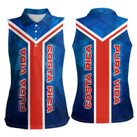 Costa Rica Pura Vida Women Sleeveless Polo Shirt Blue Geometric with Red Stripe and National Flag Detail - Wonder Print Shop