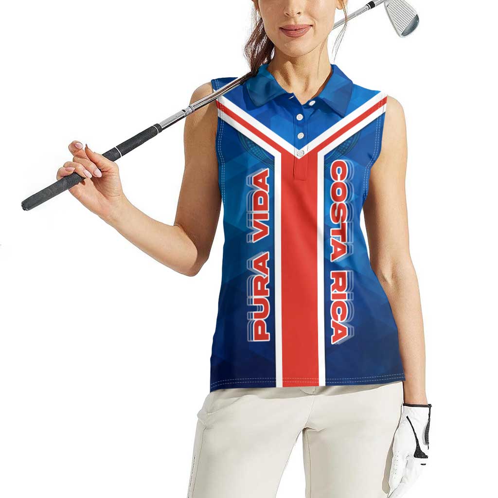 Costa Rica Pura Vida Women Sleeveless Polo Shirt Blue Geometric with Red Stripe and National Flag Detail - Wonder Print Shop