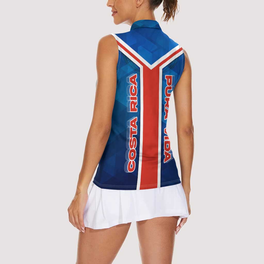 Costa Rica Pura Vida Women Sleeveless Polo Shirt Blue Geometric with Red Stripe and National Flag Detail - Wonder Print Shop