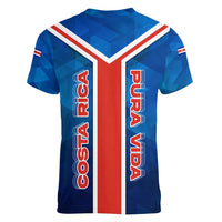 Costa Rica Pura Vida Women V-Neck T-Shirt Blue Geometric with Red Stripe and National Flag Detail - Wonder Print Shop