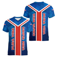 Costa Rica Pura Vida Women V-Neck T-Shirt Blue Geometric with Red Stripe and National Flag Detail - Wonder Print Shop
