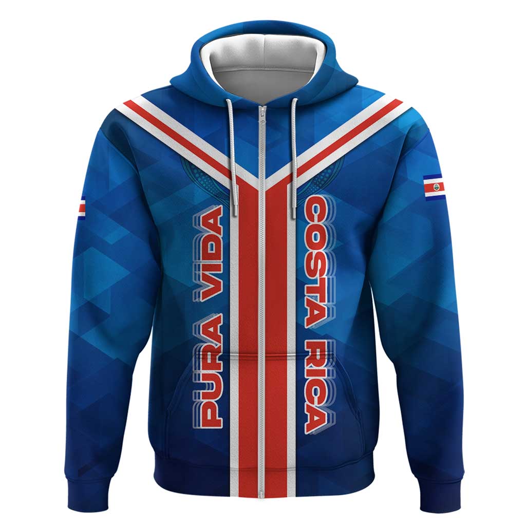 Costa Rica Pura Vida Zip Hoodie Blue Geometric with Red Stripe and National Flag Detail - Wonder Print Shop