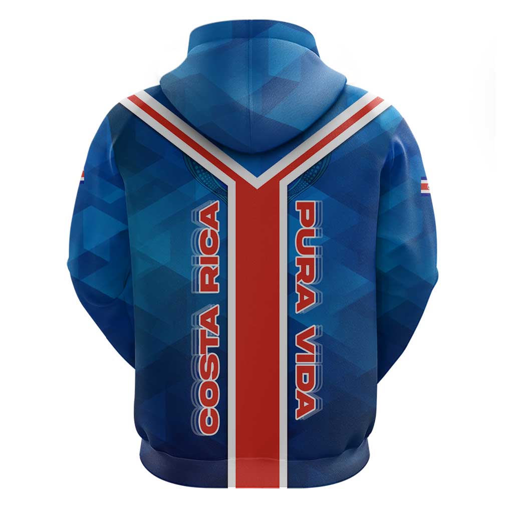 Costa Rica Pura Vida Zip Hoodie Blue Geometric with Red Stripe and National Flag Detail - Wonder Print Shop