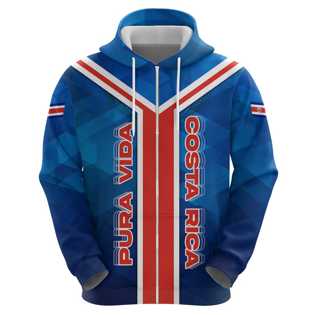 Costa Rica Pura Vida Zip Hoodie Blue Geometric with Red Stripe and National Flag Detail - Wonder Print Shop