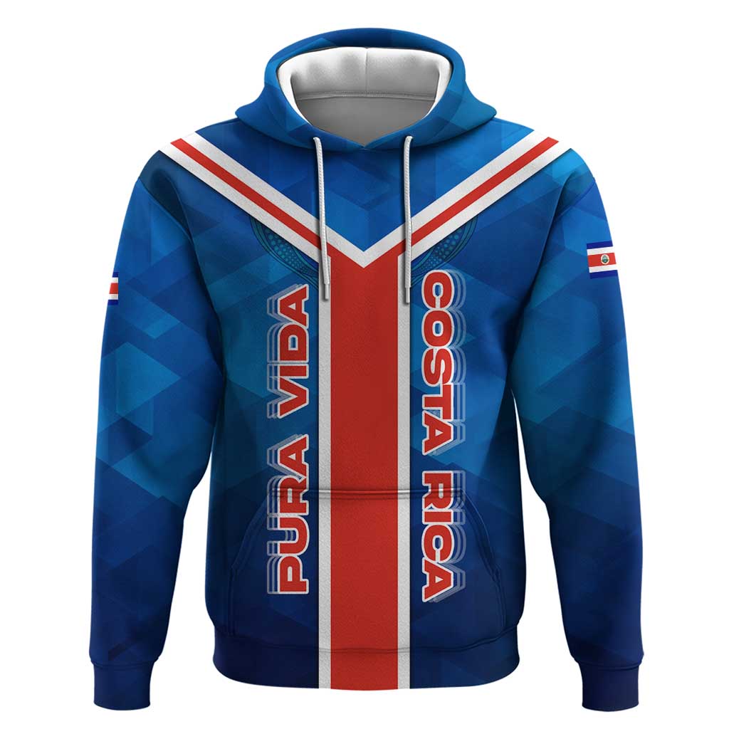 Costa Rica Pura Vida Zip Hoodie Blue Geometric with Red Stripe and National Flag Detail - Wonder Print Shop