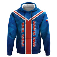 Costa Rica Pura Vida Zip Hoodie Blue Geometric with Red Stripe and National Flag Detail - Wonder Print Shop