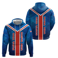 Costa Rica Pura Vida Zip Hoodie Blue Geometric with Red Stripe and National Flag Detail - Wonder Print Shop