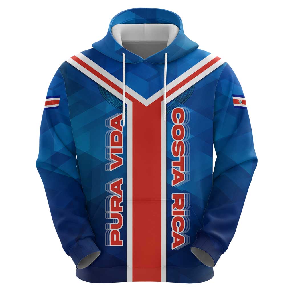 Costa Rica Pura Vida Zip Hoodie Blue Geometric with Red Stripe and National Flag Detail - Wonder Print Shop