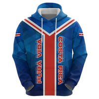 Costa Rica Pura Vida Zip Hoodie Blue Geometric with Red Stripe and National Flag Detail - Wonder Print Shop