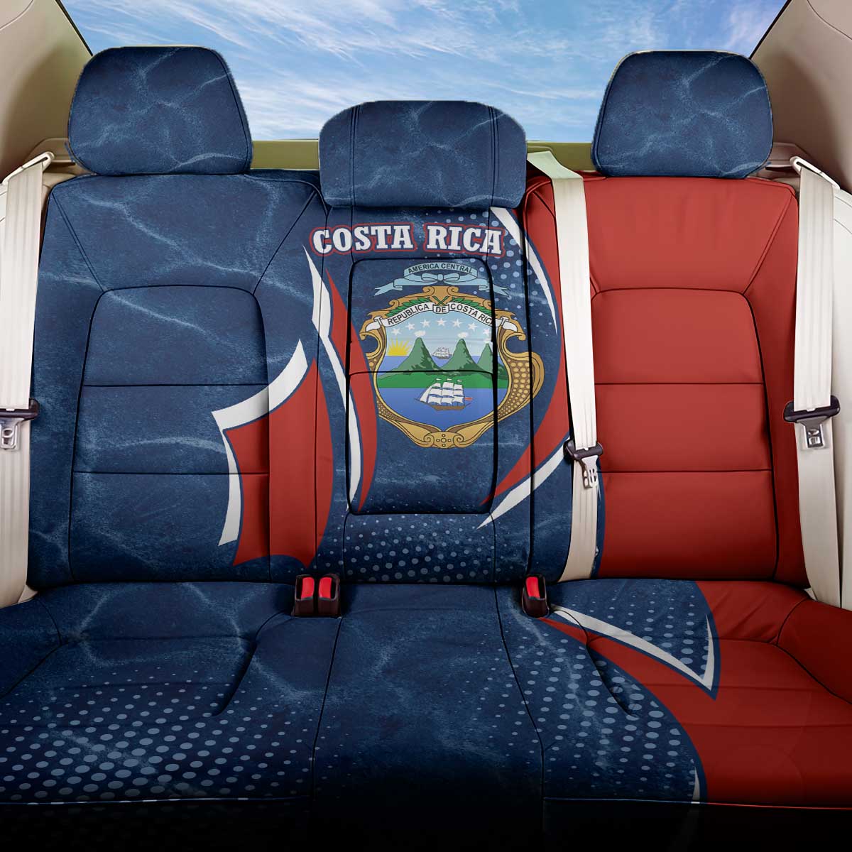 Costa Rica Orchid Back Car Seat Cover Red and Blue with National Emblem and Purple Flower Design - Wonder Print Shop