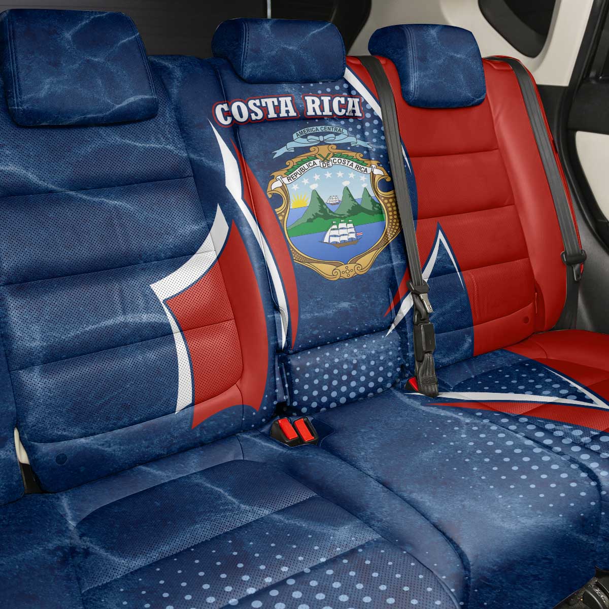 Costa Rica Orchid Back Car Seat Cover Red and Blue with National Emblem and Purple Flower Design - Wonder Print Shop