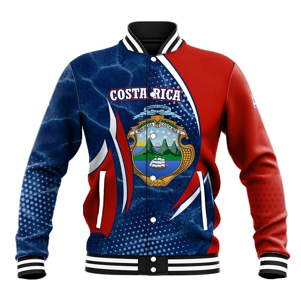 Costa Rica Orchid Baseball Jacket Red and Blue with National Emblem and Purple Flower Design - Wonder Print Shop