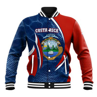 Costa Rica Orchid Baseball Jacket Red and Blue with National Emblem and Purple Flower Design - Wonder Print Shop