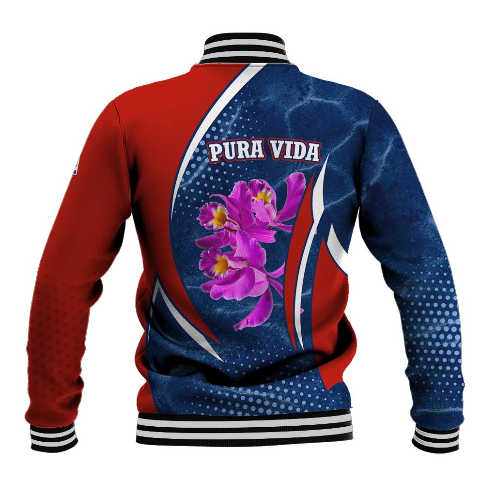 Costa Rica Orchid Baseball Jacket Red and Blue with National Emblem and Purple Flower Design - Wonder Print Shop