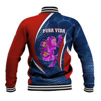 Costa Rica Orchid Baseball Jacket Red and Blue with National Emblem and Purple Flower Design - Wonder Print Shop