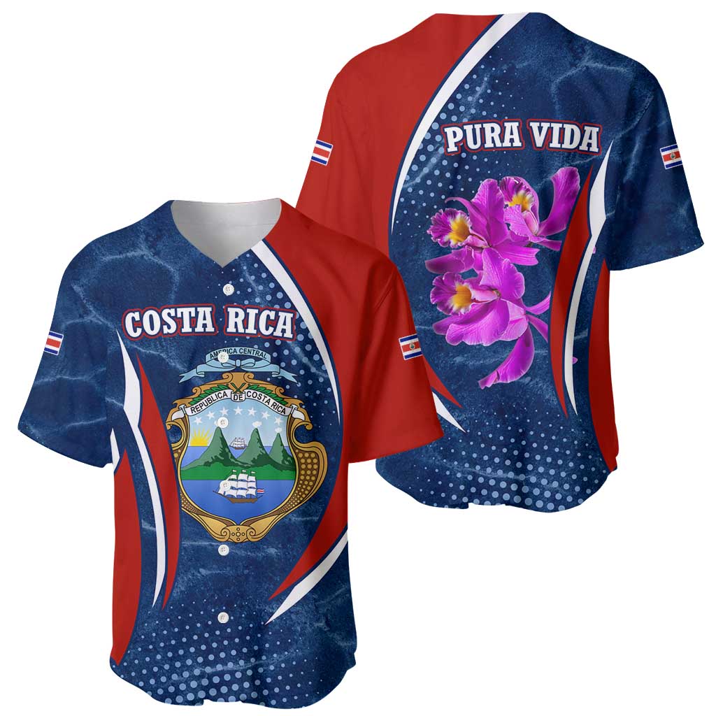 Costa Rica Orchid Baseball Jersey Red and Blue with National Emblem and Purple Flower Design - Wonder Print Shop