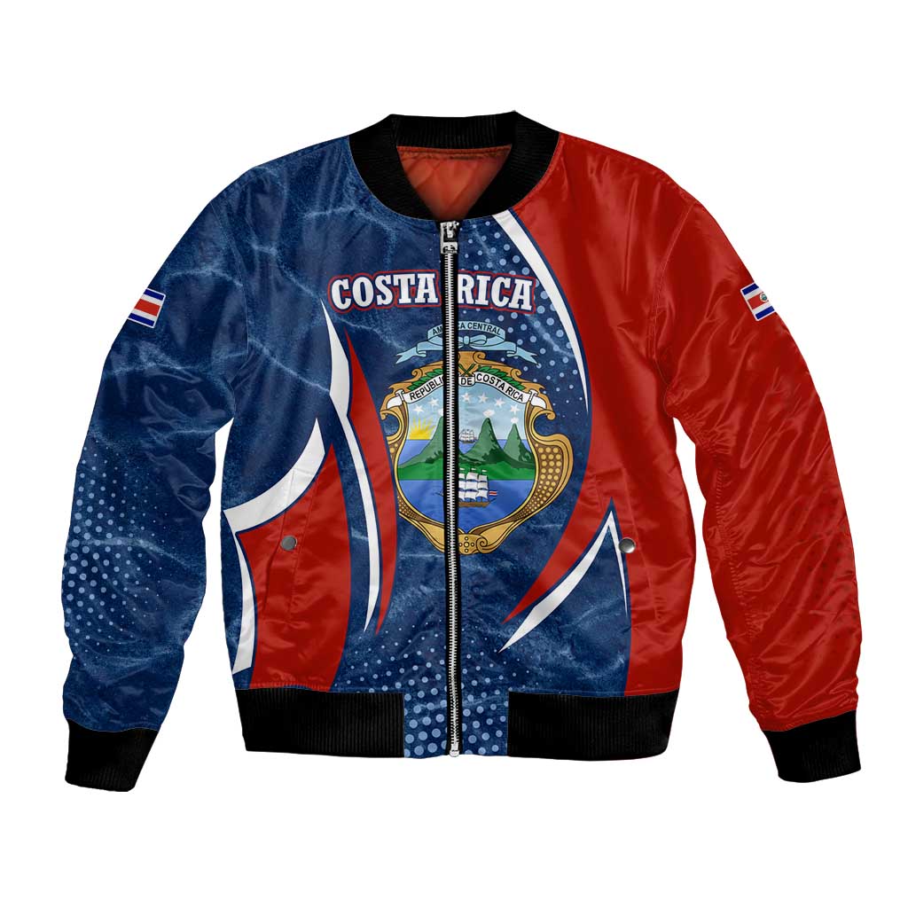 Costa Rica Orchid Bomber Jacket Red and Blue with National Emblem and Purple Flower Design - Wonder Print Shop
