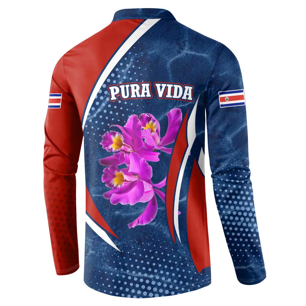 Costa Rica Orchid Button Sweatshirt Red and Blue with National Emblem and Purple Flower Design - Wonder Print Shop