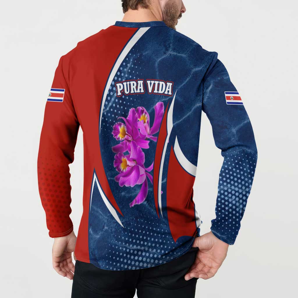 Costa Rica Orchid Button Sweatshirt Red and Blue with National Emblem and Purple Flower Design - Wonder Print Shop