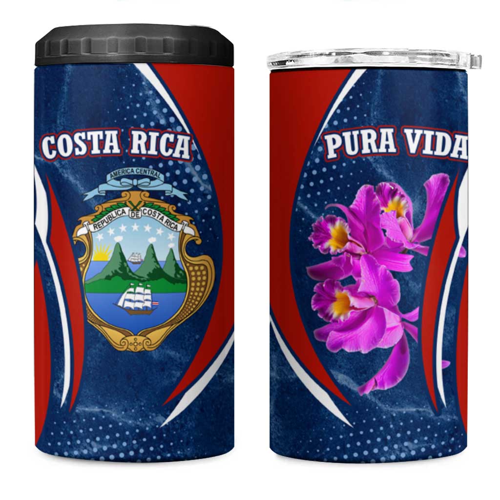 Costa Rica Orchid 4 in 1 Can Cooler Tumbler Red and Blue with National Emblem and Purple Flower Design - Wonder Print Shop