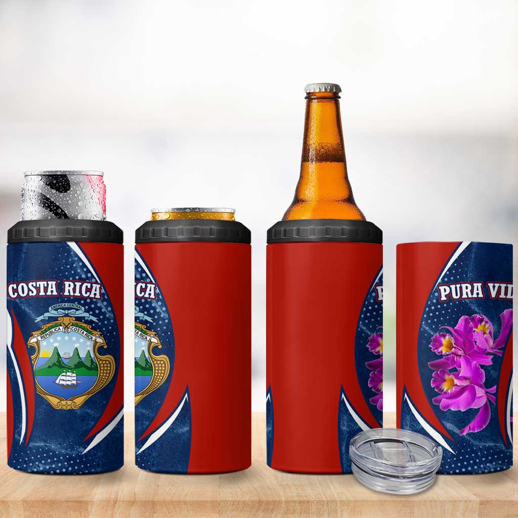 Costa Rica Orchid 4 in 1 Can Cooler Tumbler Red and Blue with National Emblem and Purple Flower Design - Wonder Print Shop