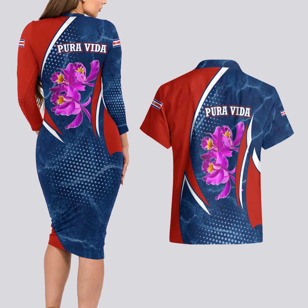 Costa Rica Orchid Couples Matching Long Sleeve Bodycon Dress and Hawaiian Shirt Red and Blue with National Emblem and Purple Flower Design - Wonder Print Shop