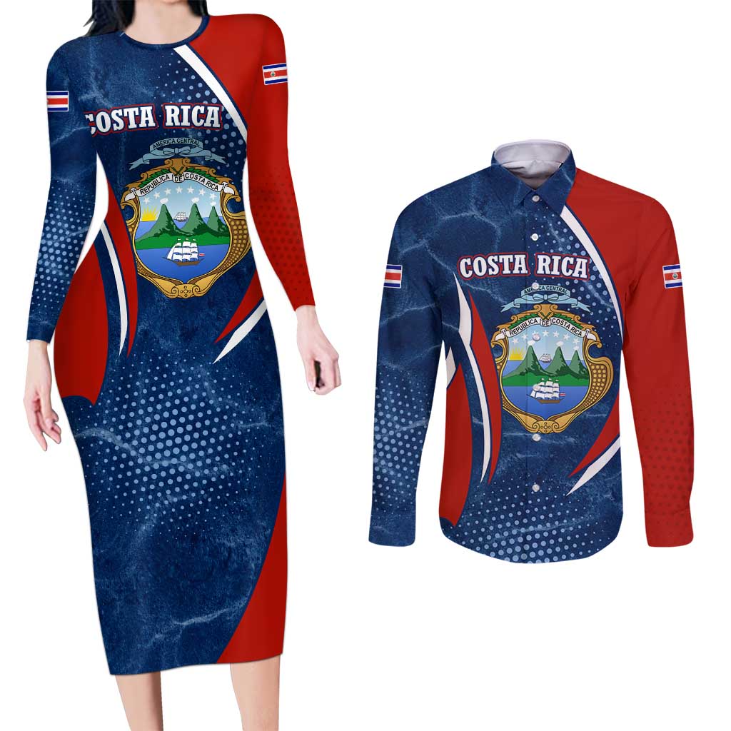 Costa Rica Orchid Couples Matching Long Sleeve Bodycon Dress and Long Sleeve Button Shirt Red and Blue with National Emblem and Purple Flower Design - Wonder Print Shop