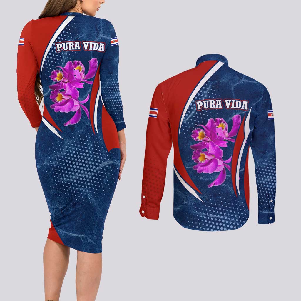 Costa Rica Orchid Couples Matching Long Sleeve Bodycon Dress and Long Sleeve Button Shirt Red and Blue with National Emblem and Purple Flower Design - Wonder Print Shop