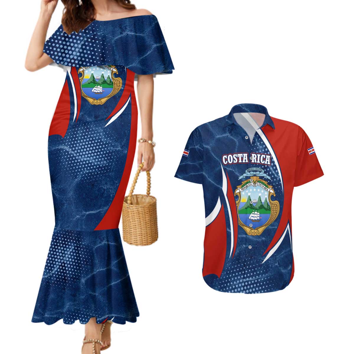Costa Rica Orchid Couples Matching Mermaid Dress and Hawaiian Shirt Red and Blue with National Emblem and Purple Flower Design - Wonder Print Shop